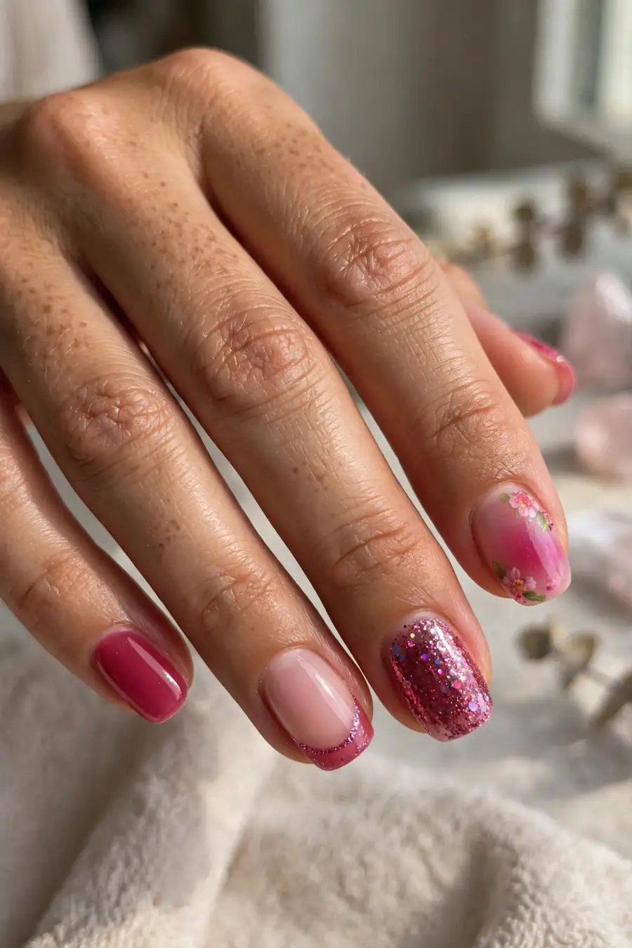 Mix and match raspberry jelly nails with a different design on each nail