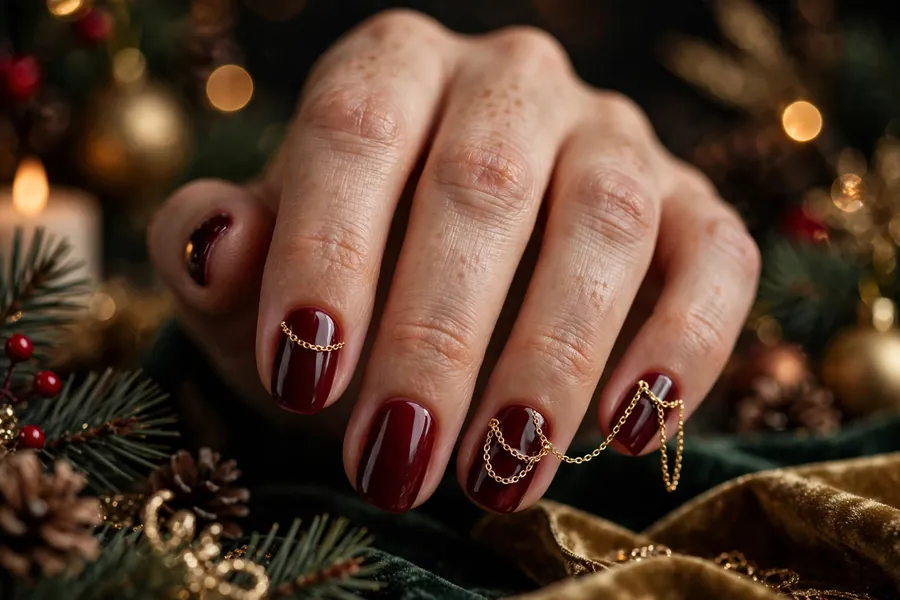Deep red nails with gold chain jewelry