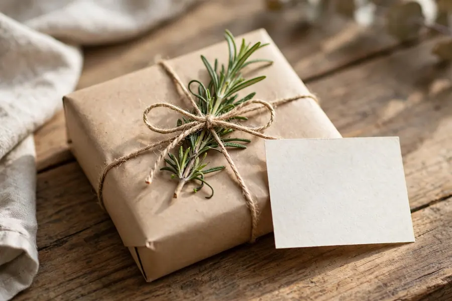 A Christmas gift wrapped in kraft paper with a rosemary sprig and handwritten note