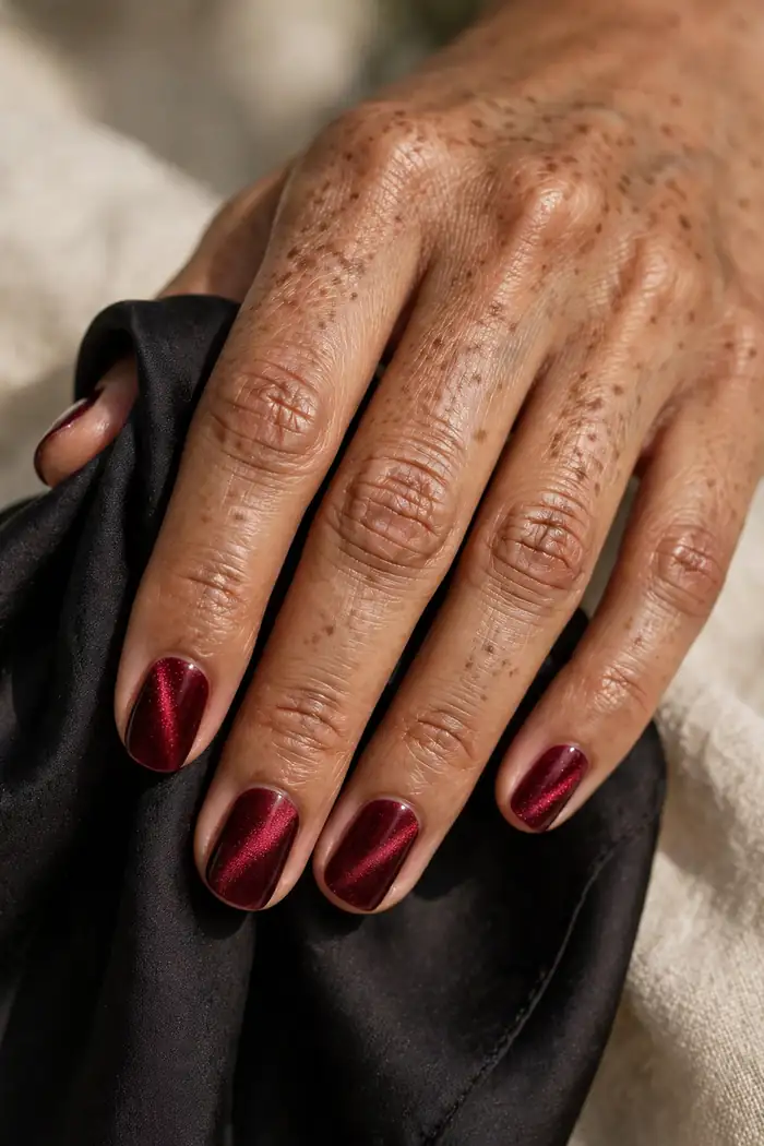 Short oxblood red velvet nails on real hands