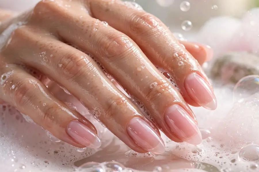 Soap nail glow sheer pink bubble bath nails on real hands