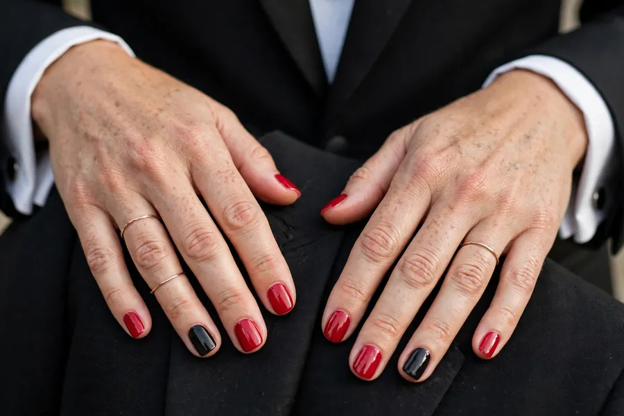 Classic red nails with one black accent nail on real hands