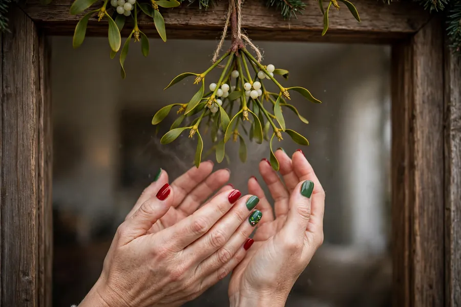 Under the mistletoe kiss-inspired mistletoe nails with red and green on real hands under a doorway sprig