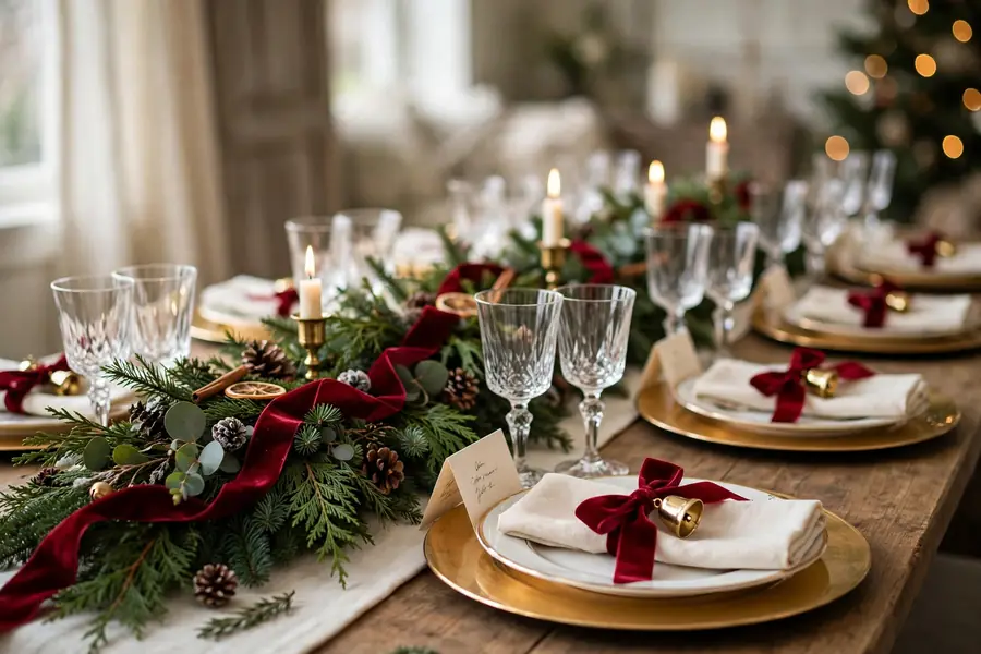 Luxurious christmas table with velvet ribbon napkins and gold bells