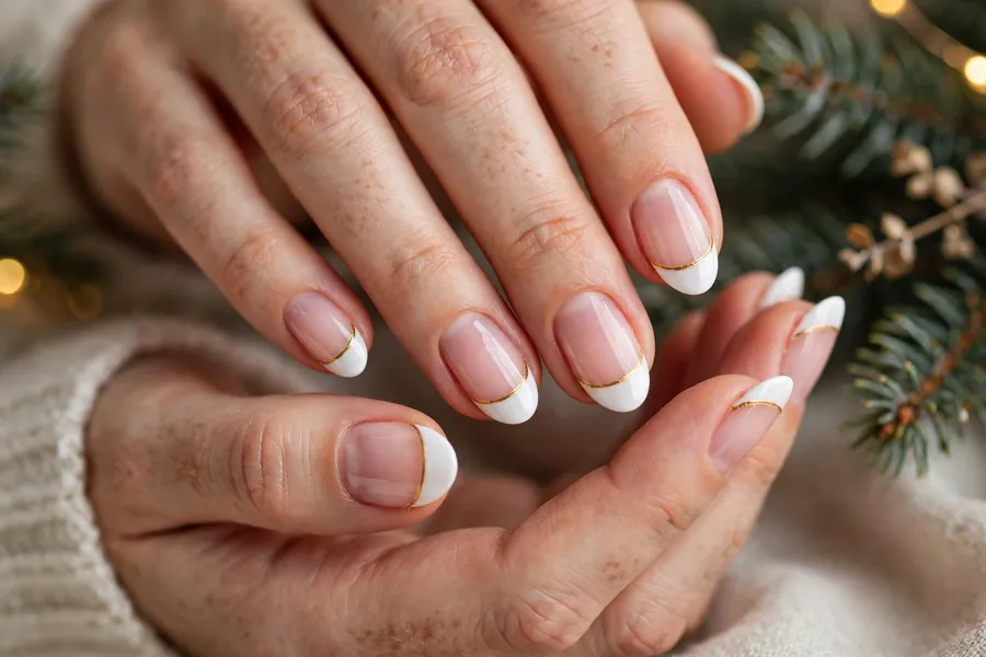 Classic white Christmas French tip nails with gold trim on real hands