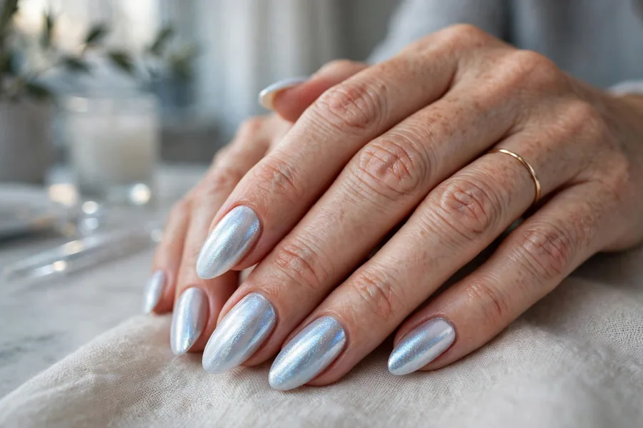 Winter frost milky white chrome nails with an icy blue-white glow