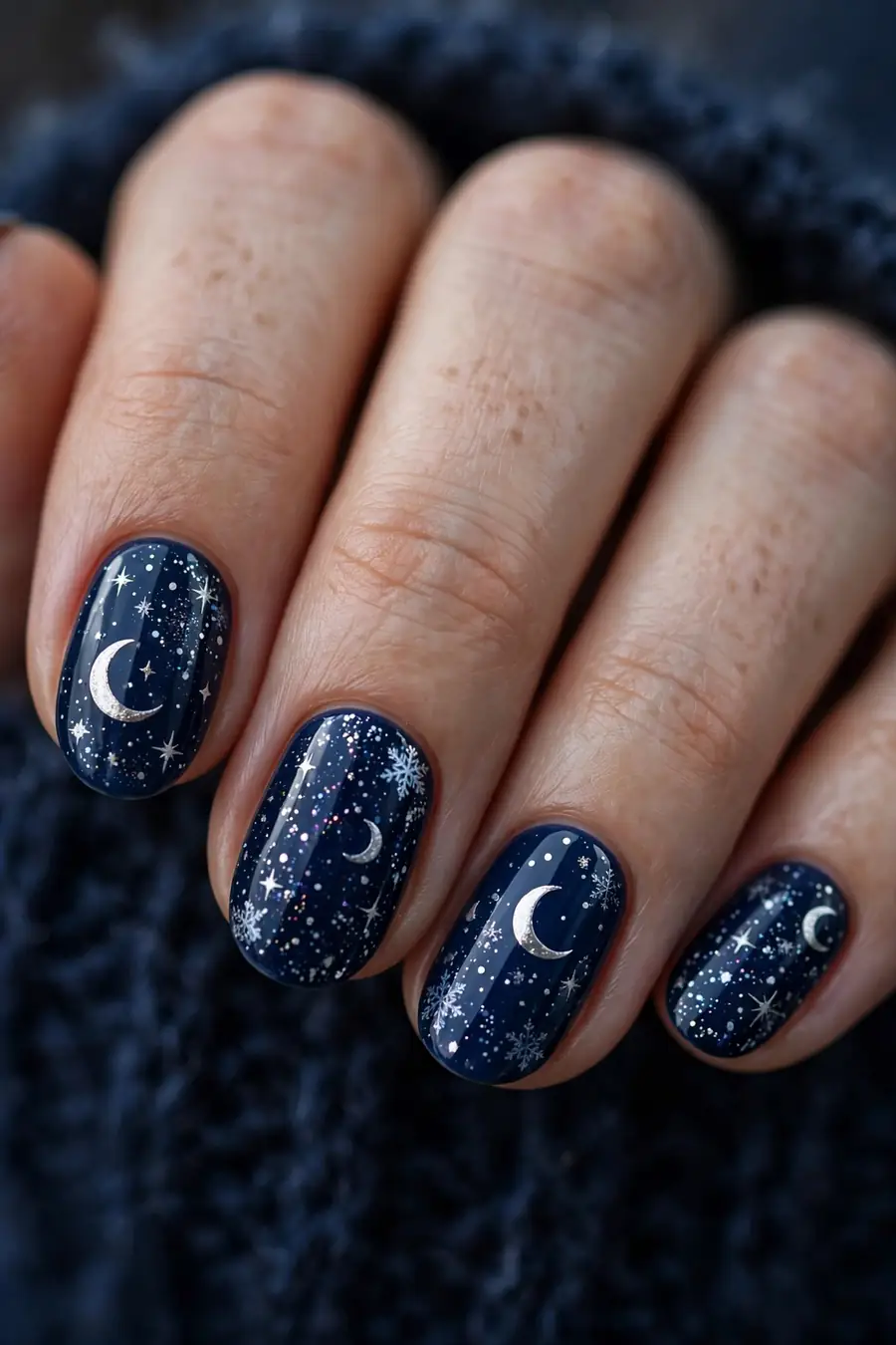 Navy winter night sky nails with moon and stars