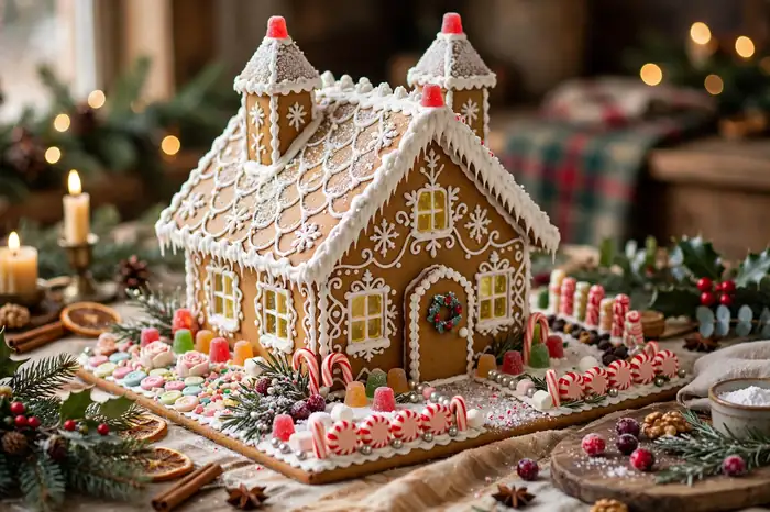 Photorealistic photograph of an elaborate showpiece gingerbread house with detailed candy decorations on a festive table