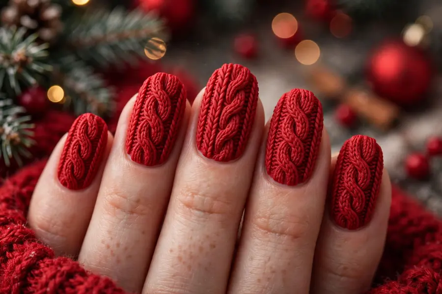 Red cable knit sweater nail art