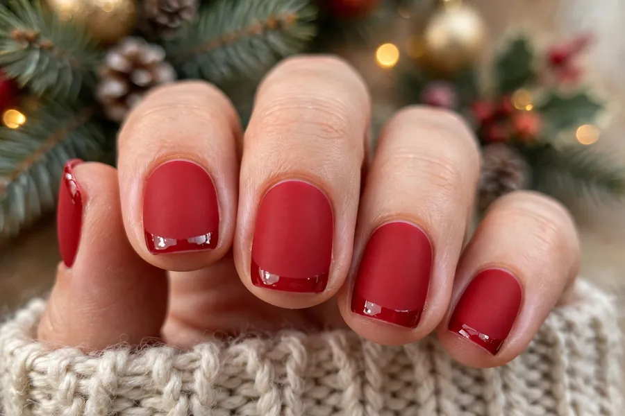 Matte red nails with glossy tips