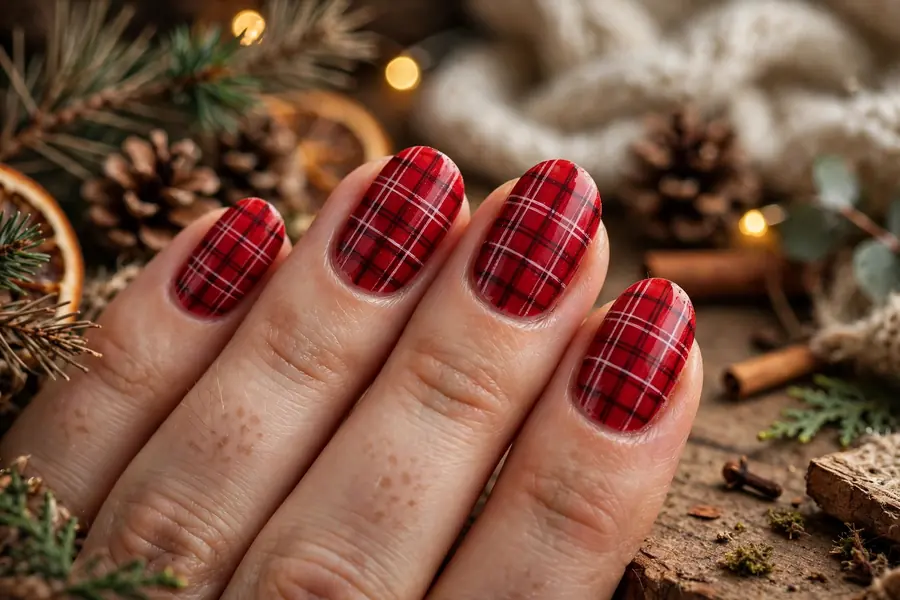 Red flannel plaid nail art