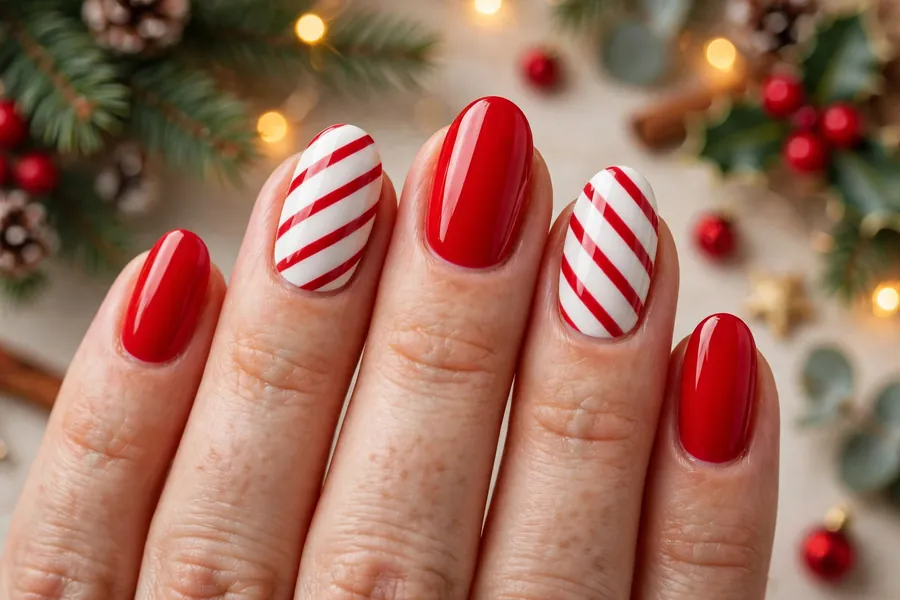 Candy cane striped Christmas nails