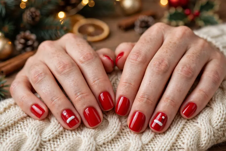 Santa hat accent Christmas nails