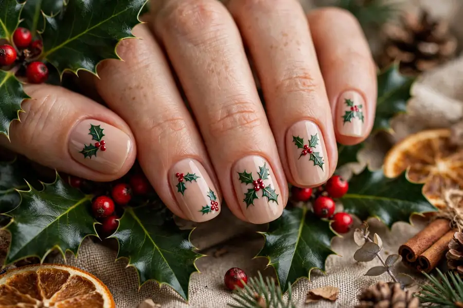 Holly leaves and red berries nail art