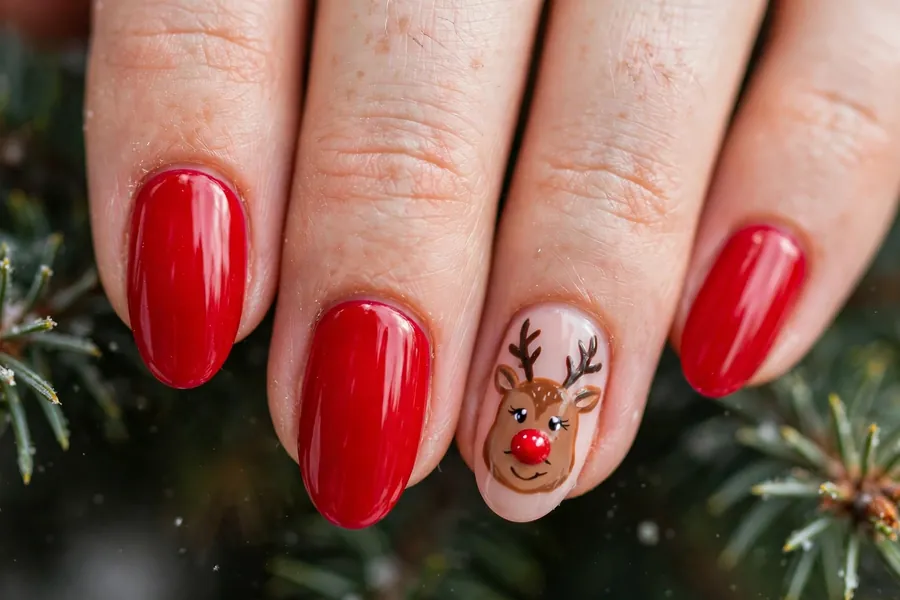 Tiny reindeer face Christmas nails