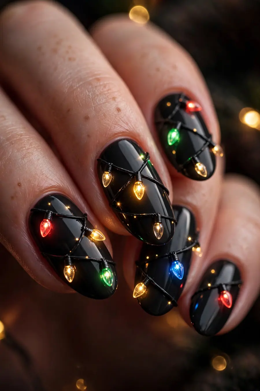 Twinkling Christmas lights nail art