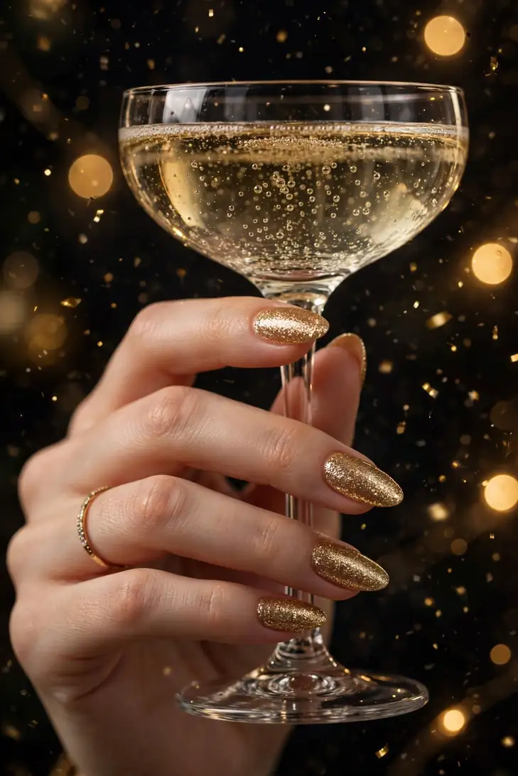 Gold glitter New Year's Eve nails holding a champagne glass