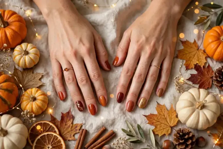 Thanksgiving nail flat lay with fall leaves, pumpkins and fairy lights